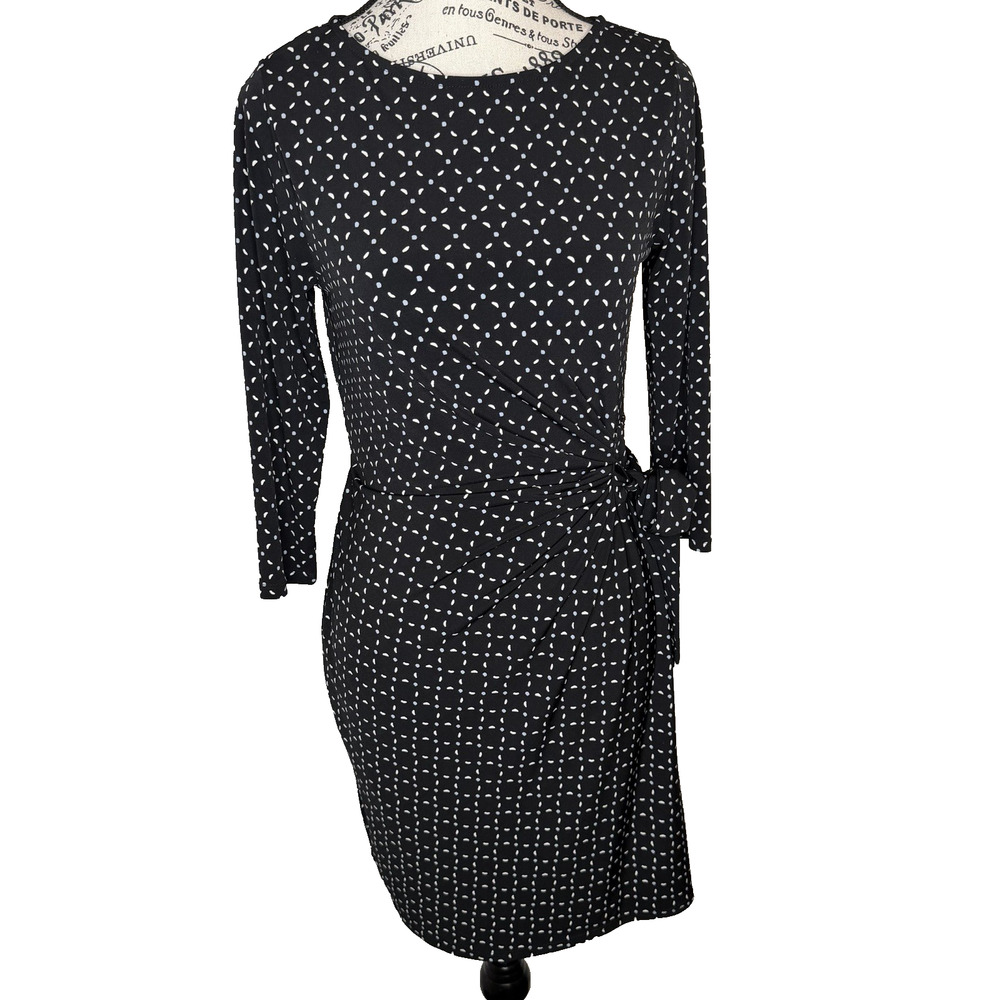 Ann Taylor Factory Dress Black With Blue And White Print Sm Petite Tie At Side